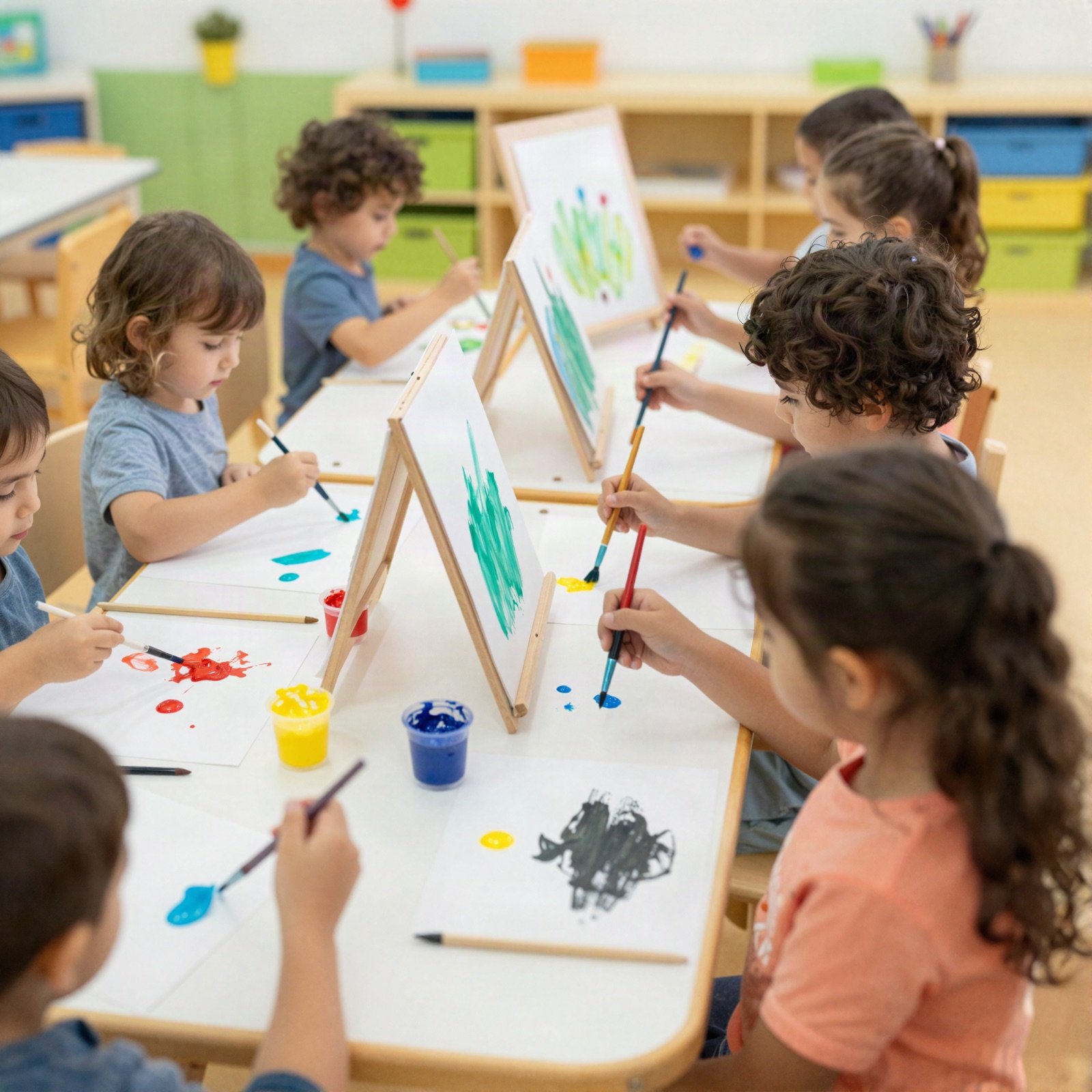 أطفال الروضة يرسمون على حوامل صغيرة مع علب ألوان زاهية