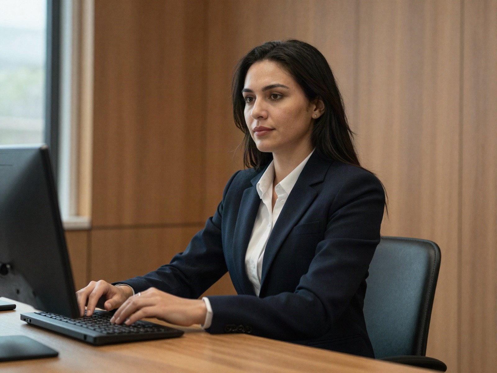 A family lawyer in a dark suit working at her desk in a wood-panelled office