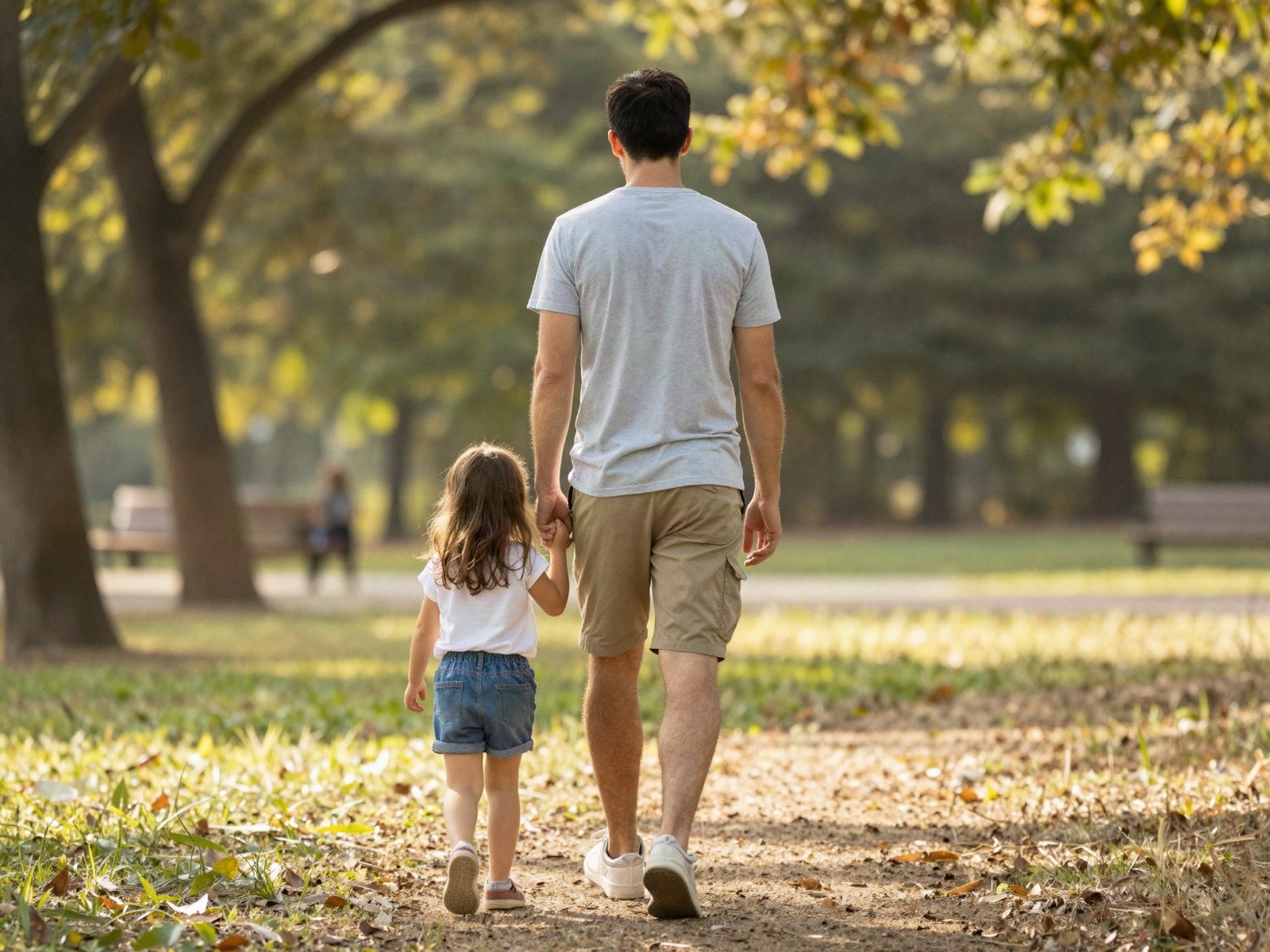 A father and his young daughter walking hand in hand in a sunny park