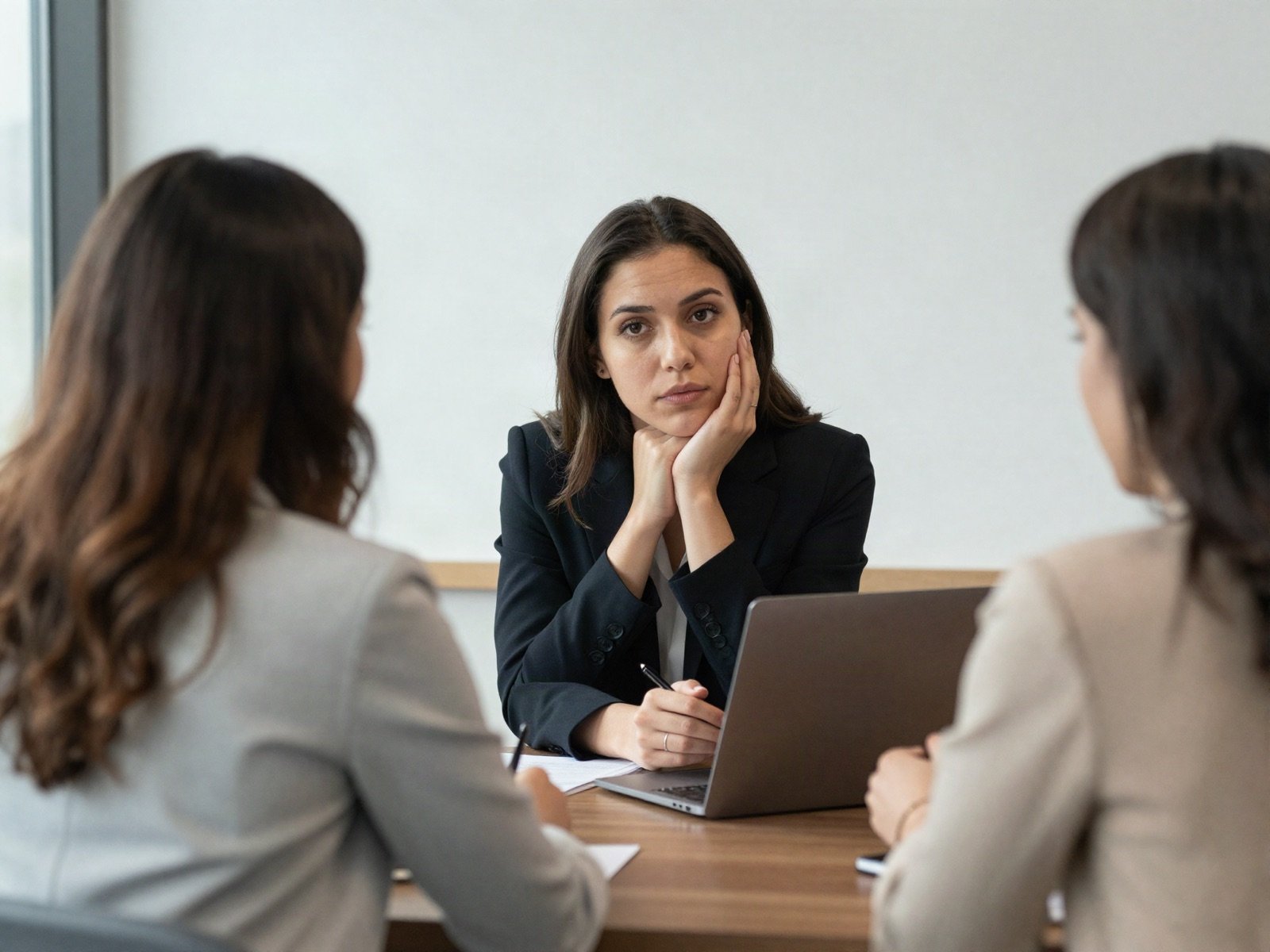 A lawyer listening to two women across a table in a calm office