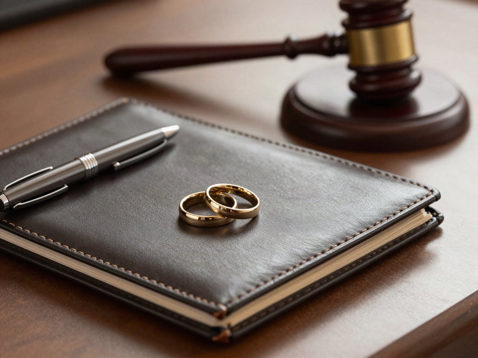 Two gold wedding rings on a leather folder beside a pen and a gavel