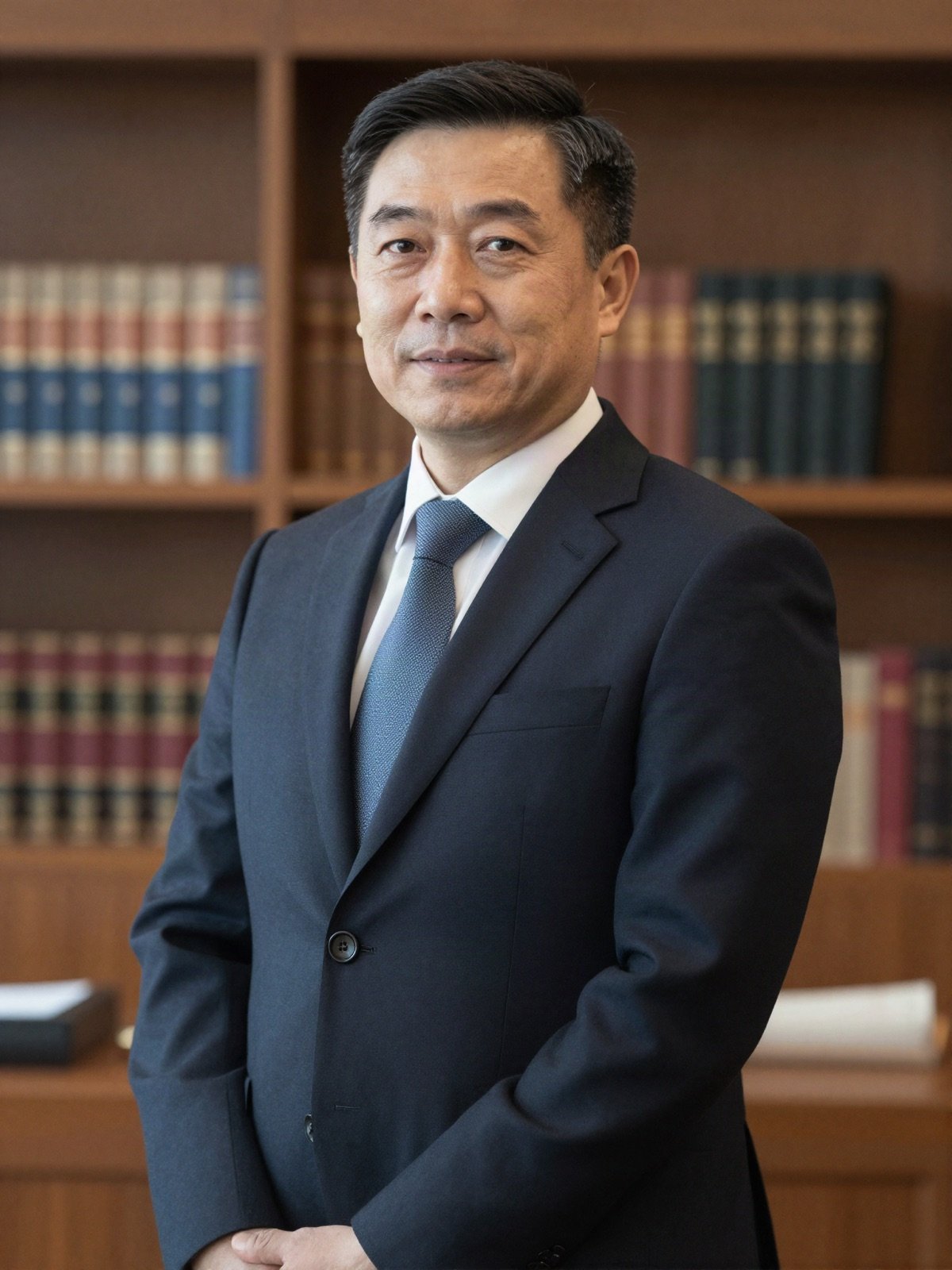 Portrait of a male attorney in a navy suit in a law office