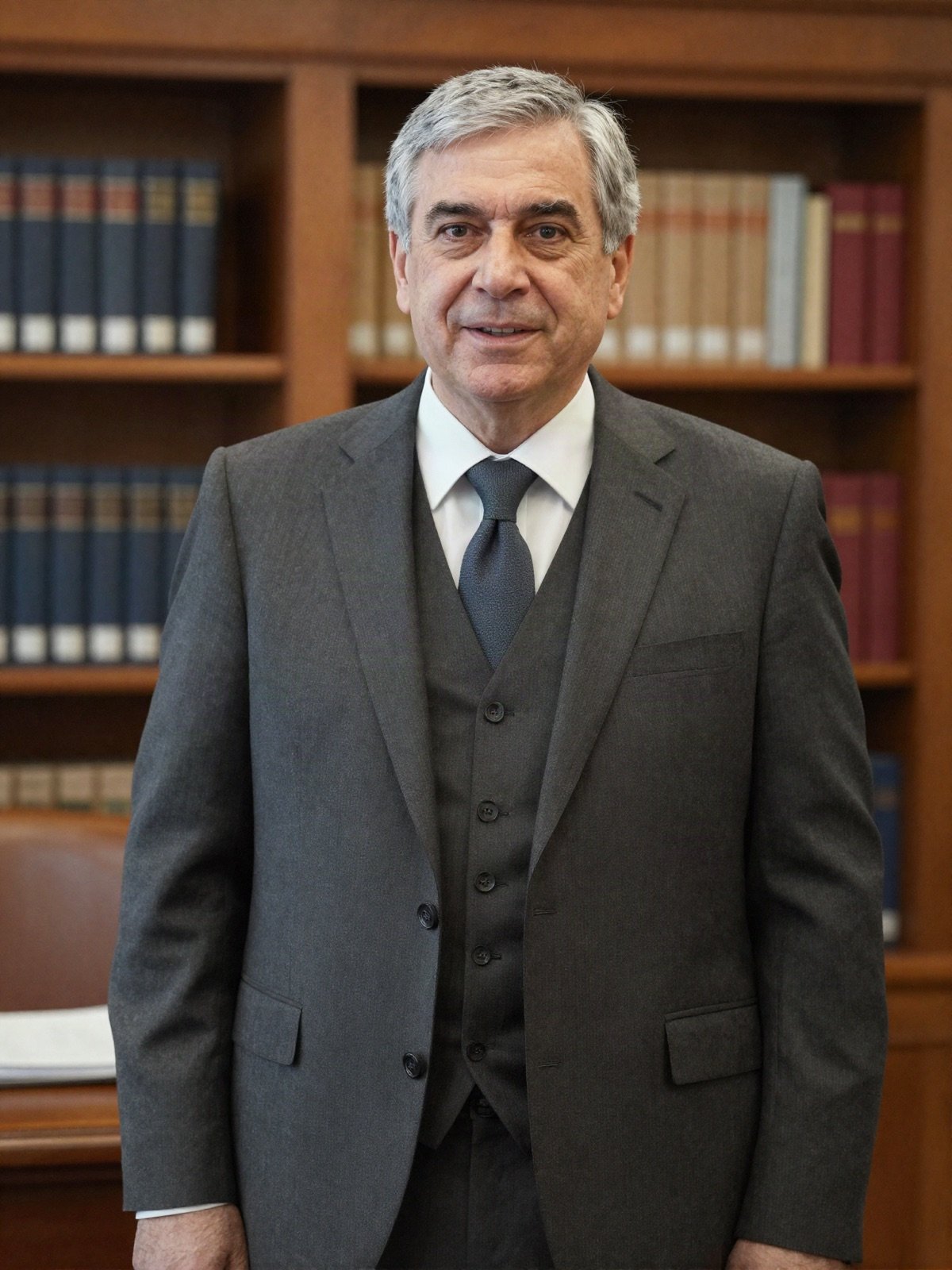 Portrait of a senior attorney in a charcoal three-piece suit