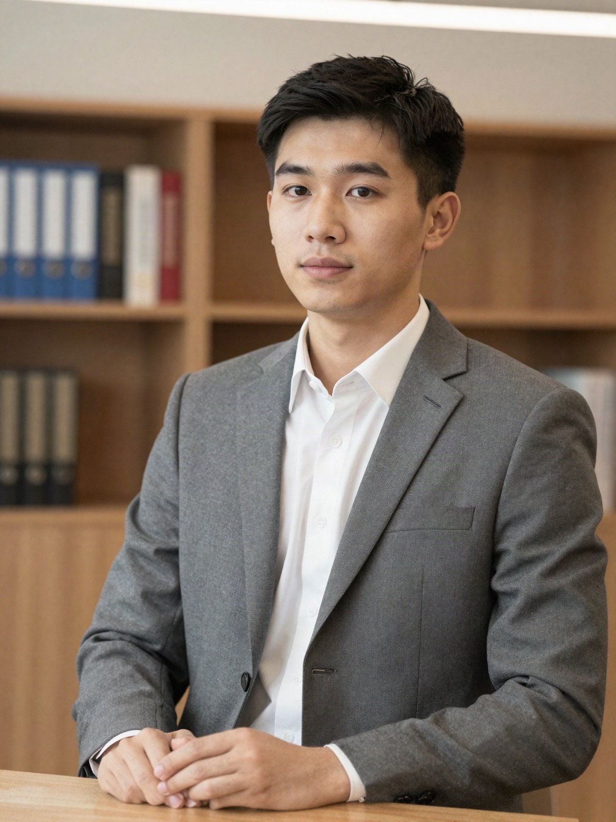 Portrait of a young male attorney in a grey suit