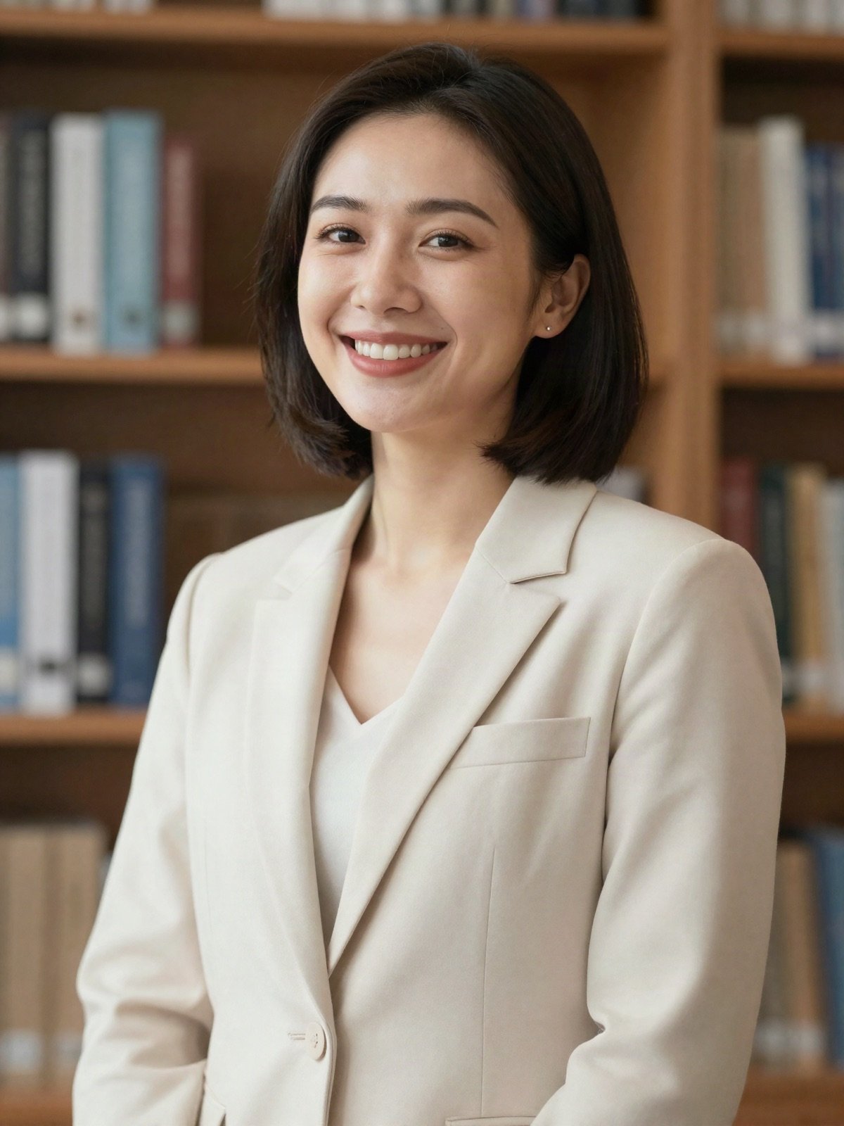 Portrait of a smiling female attorney in a cream blazer