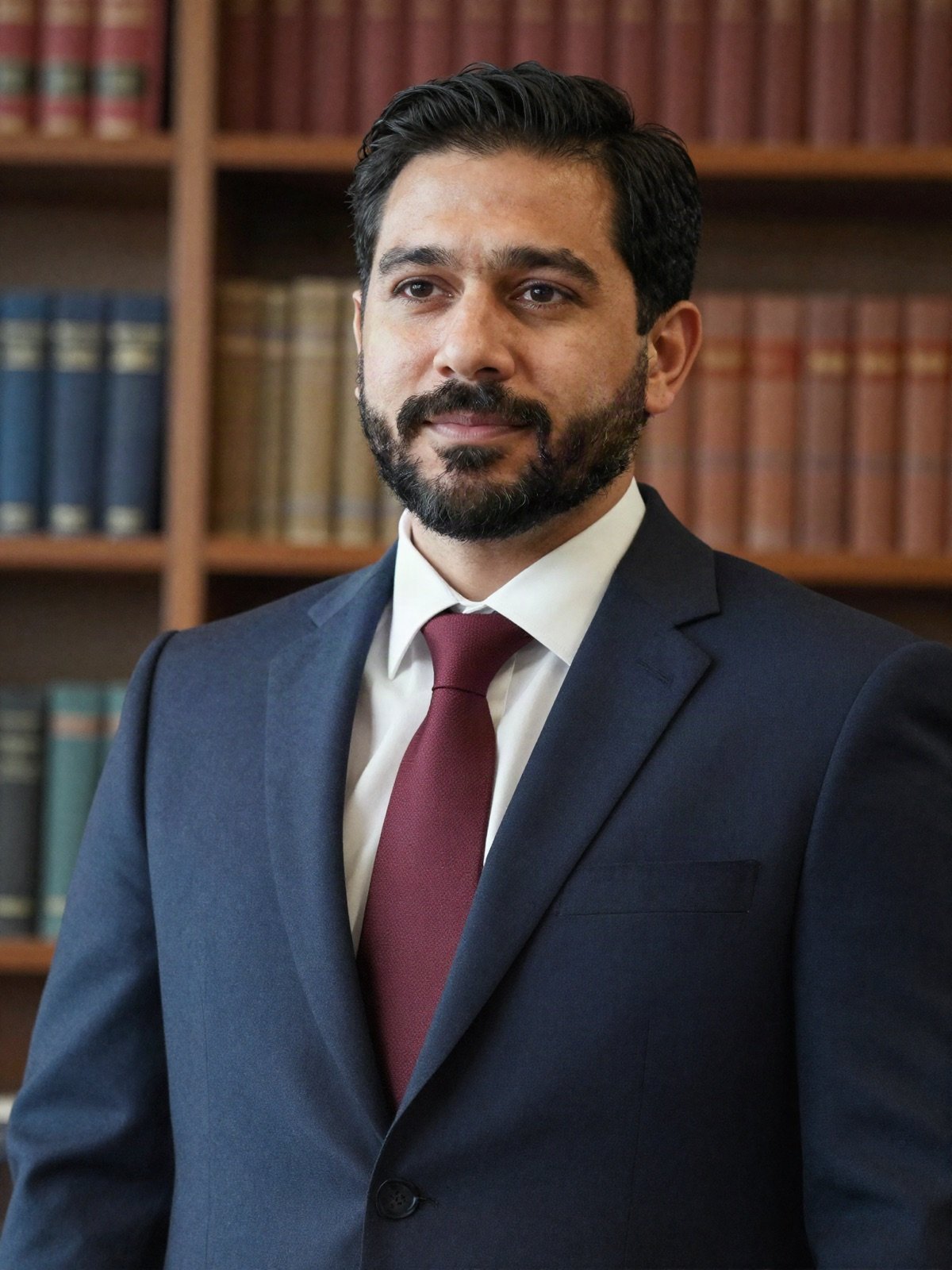 Portrait of a bearded attorney in a navy suit and burgundy tie