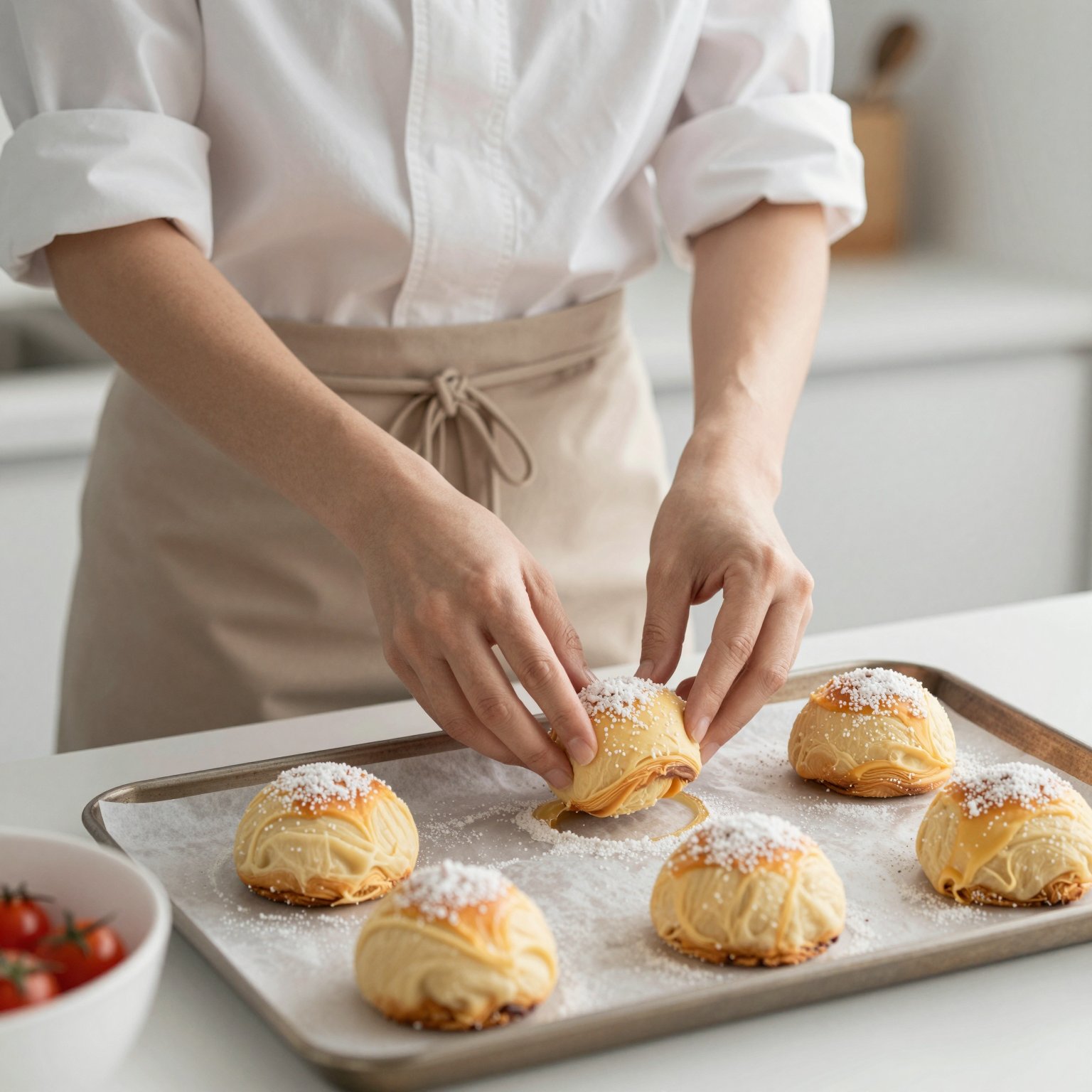 يدان ترتّبان معجنات مرشوشة بالسكر على صينية خَبز