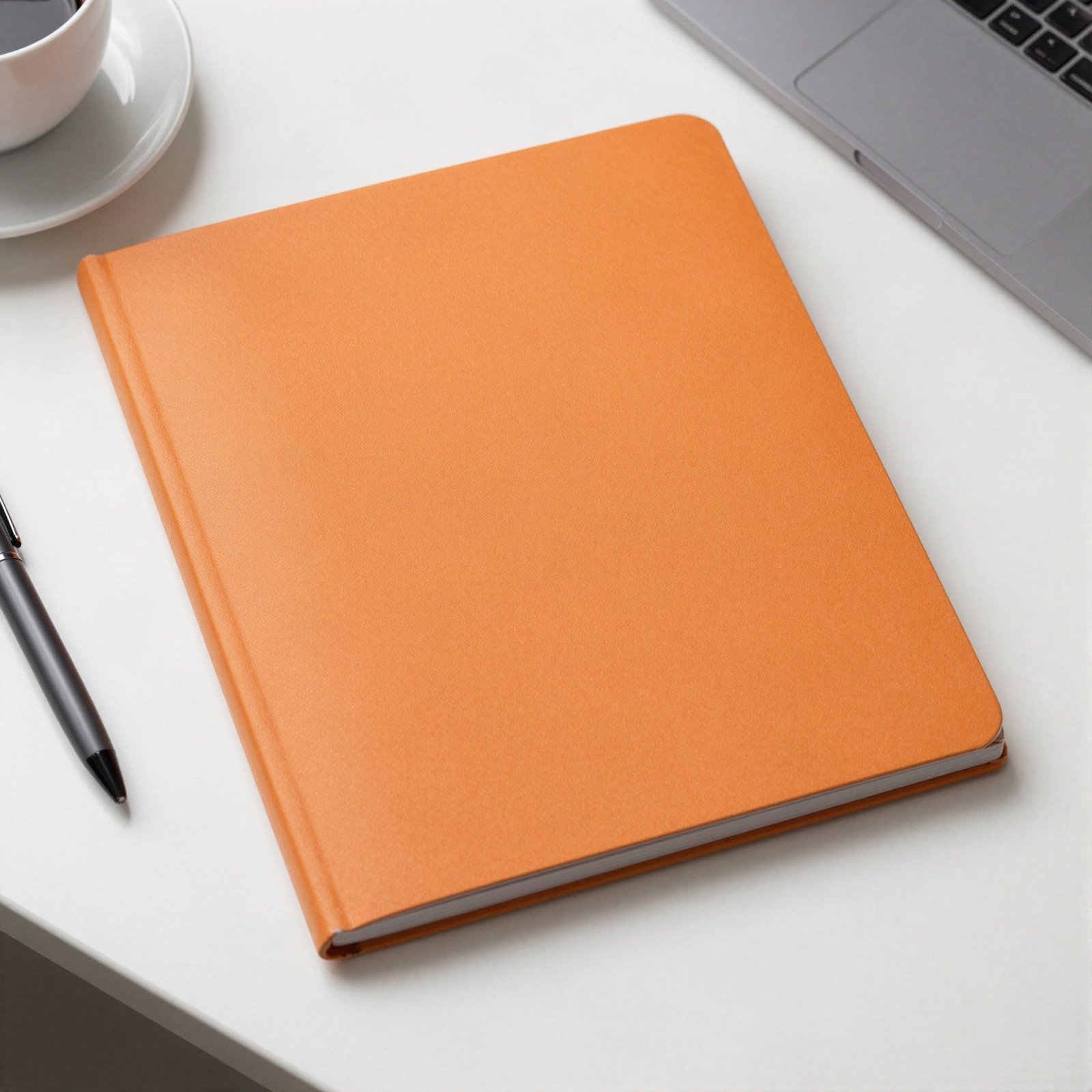 An orange workbook on a desk beside a pen and coffee