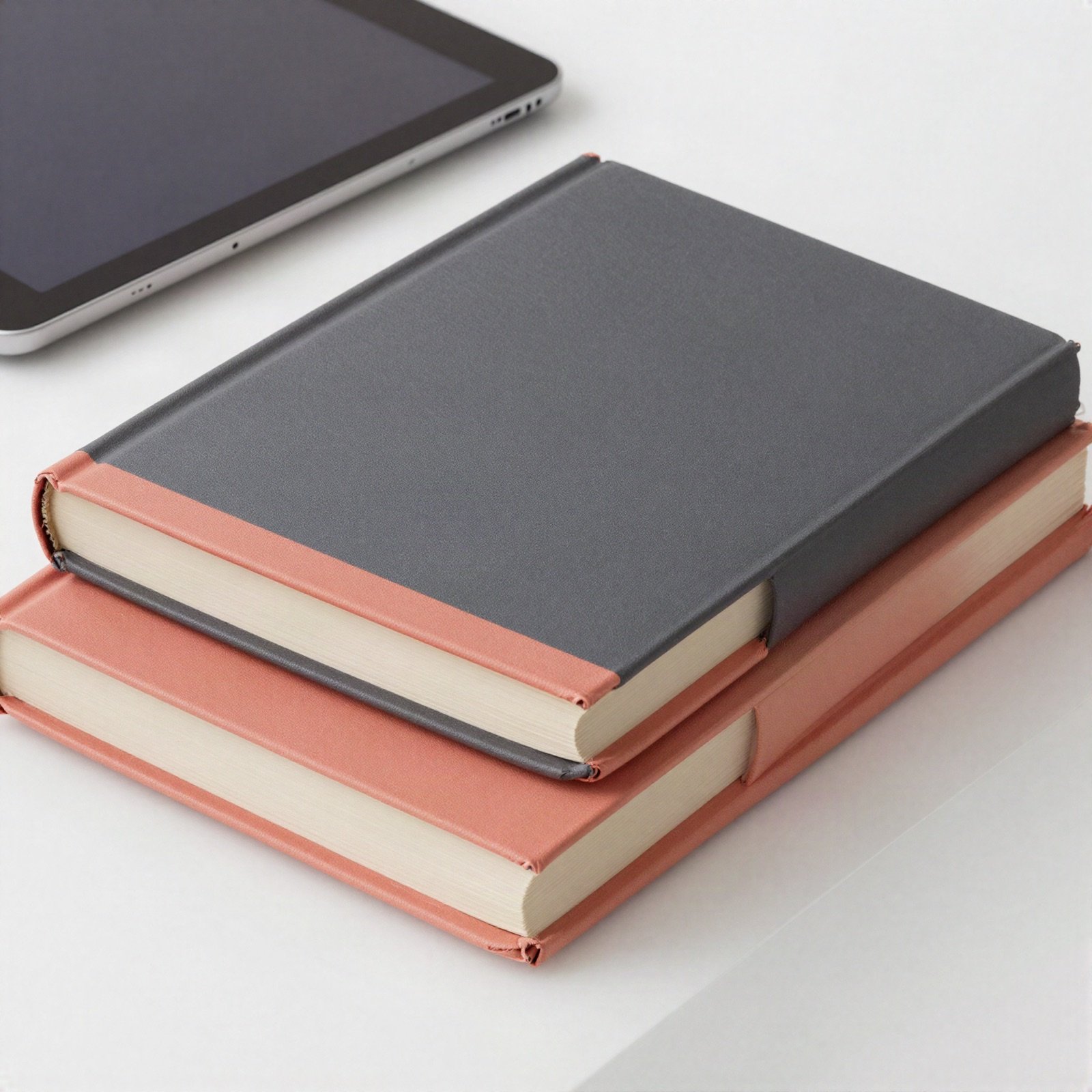 Two hardcover books in coral and charcoal beside a tablet