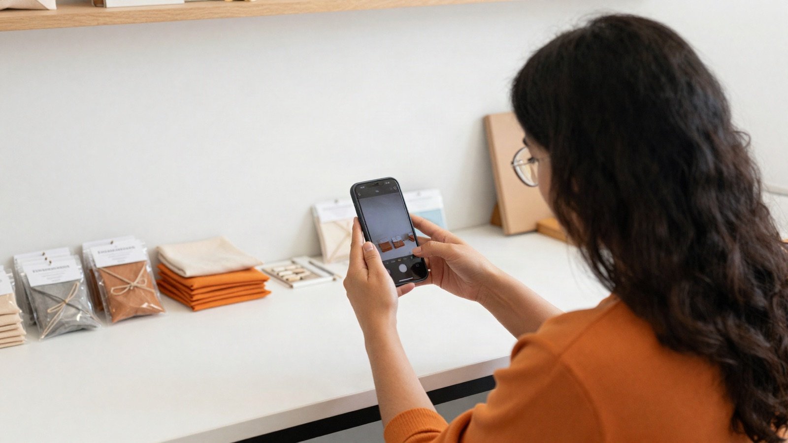 A small business owner photographing her products with a smartphone