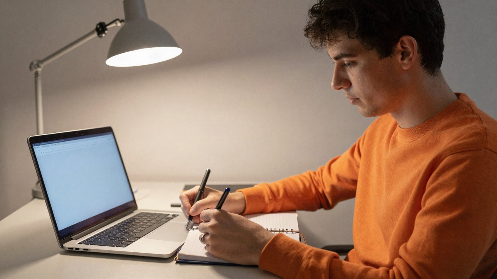 A student taking notes during an online course in the evening