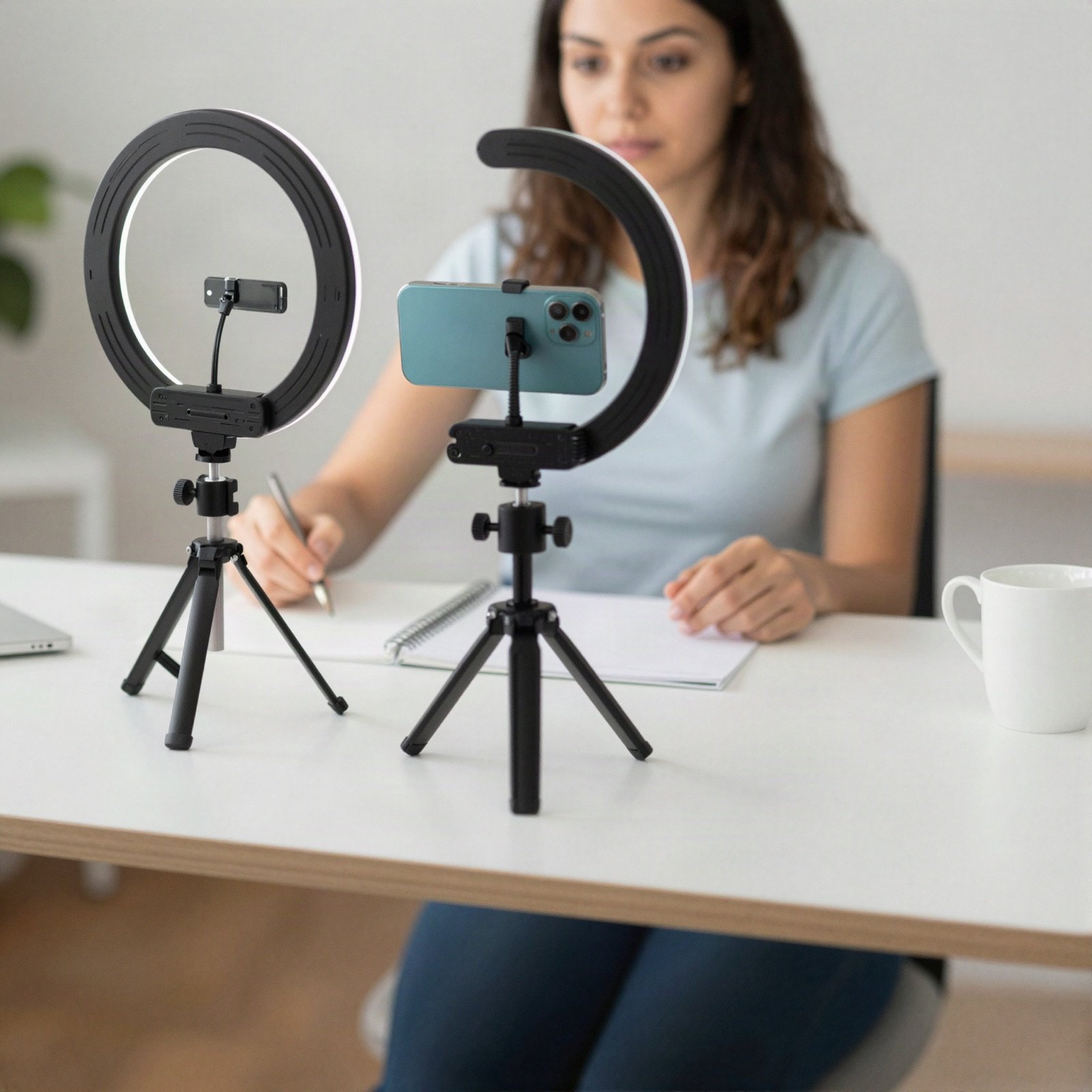 A creator recording a social media video with a smartphone on a tripod and ring lights