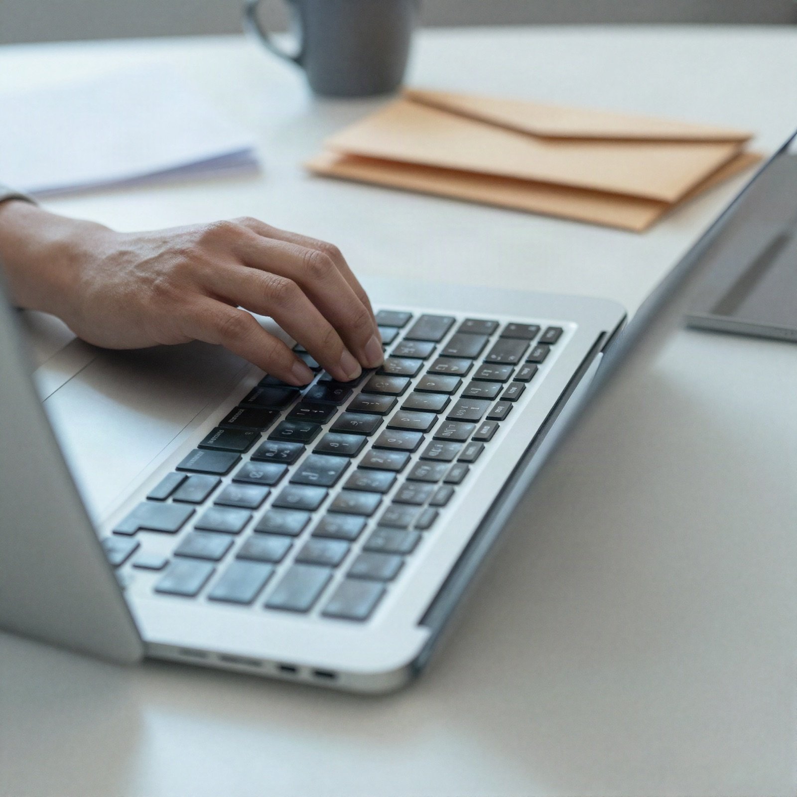 Hands typing on a laptop beside a stack of paper envelopes