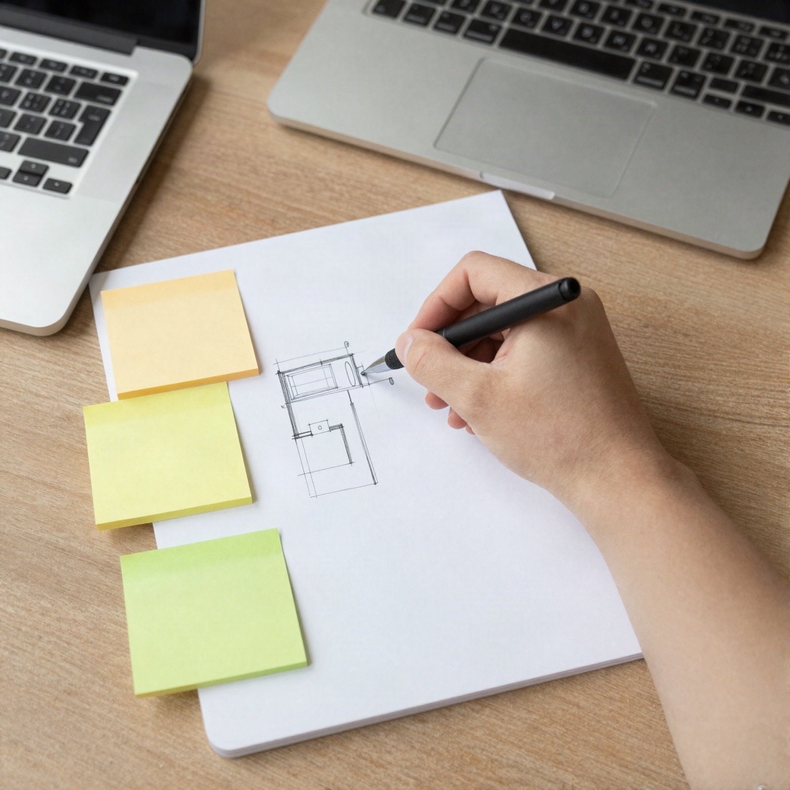 A content planner sketching on paper with sticky notes beside two laptops