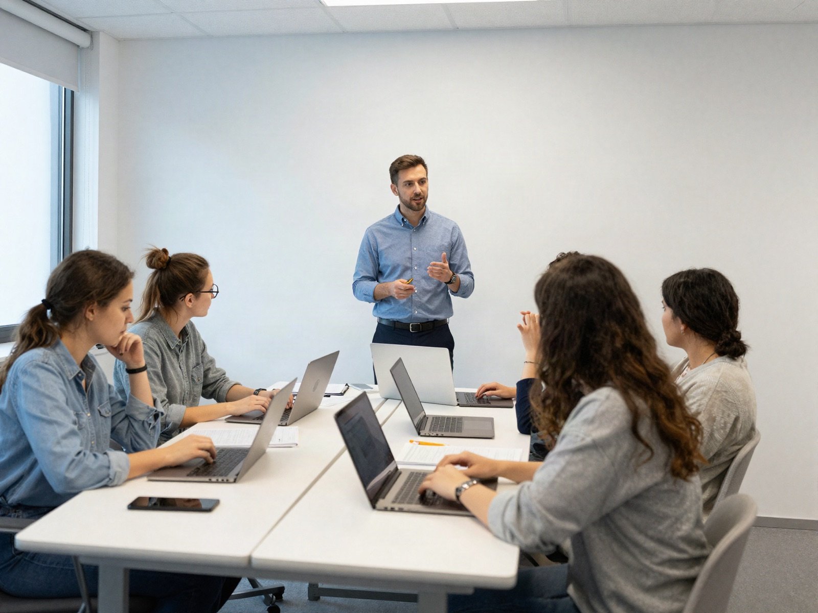 Adult students on laptops around a table while an instructor explains