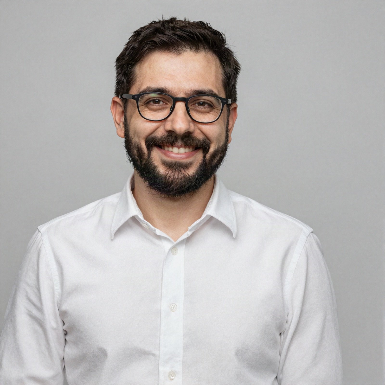Samer Hilal, content marketer, with glasses and a white shirt