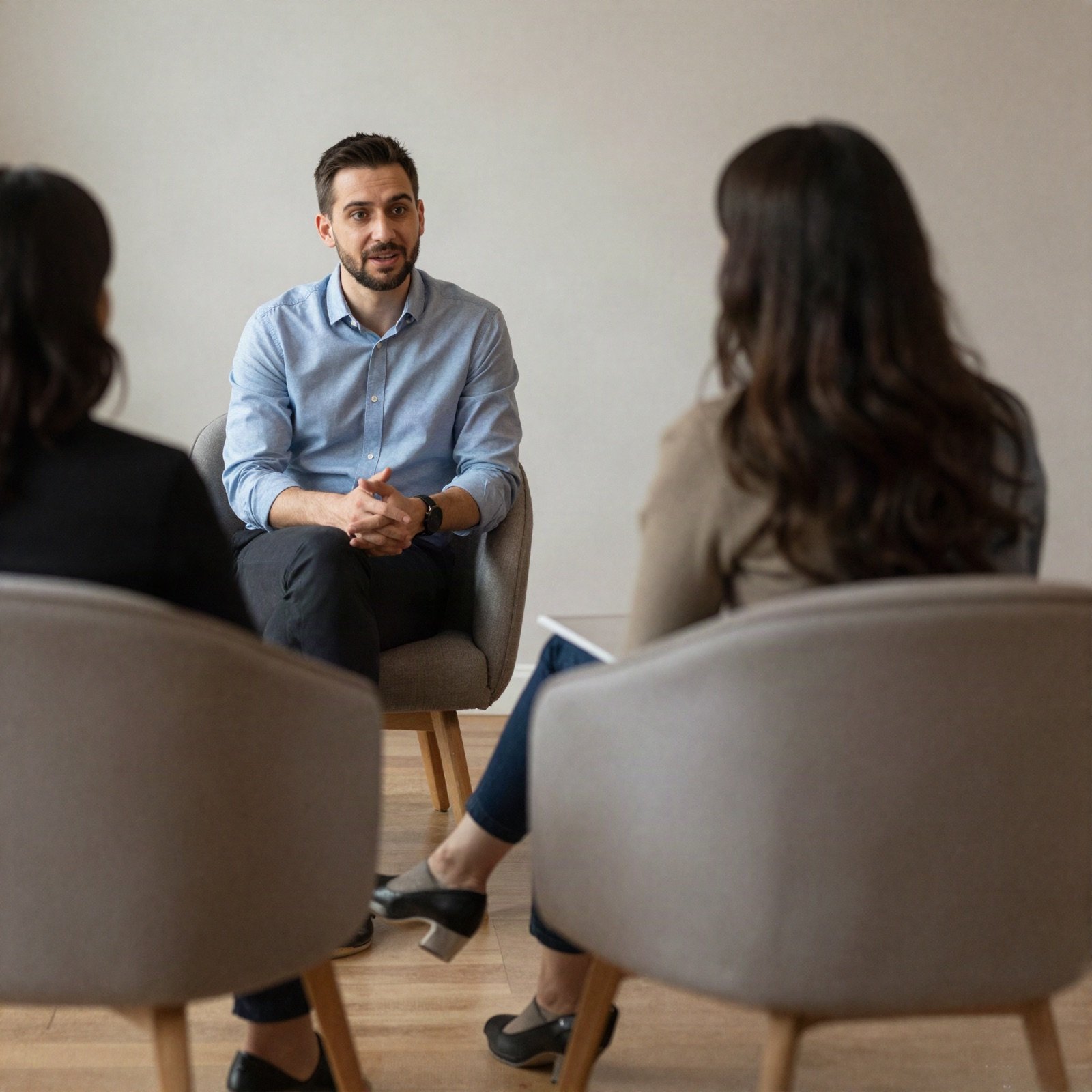 A coach listening to two clients in a calm consulting room