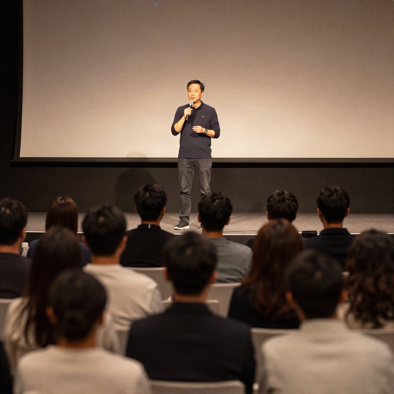 A speaker on stage addressing an audience