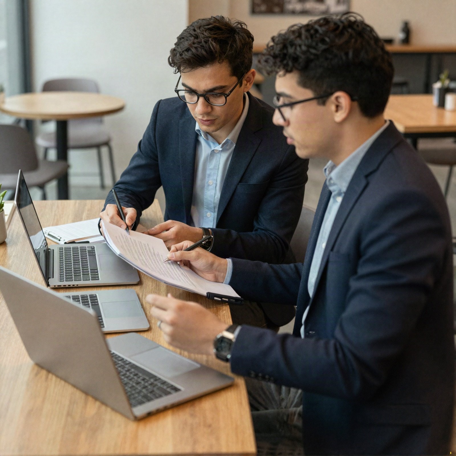 Two young founders reviewing documents at a cafe table with laptops
