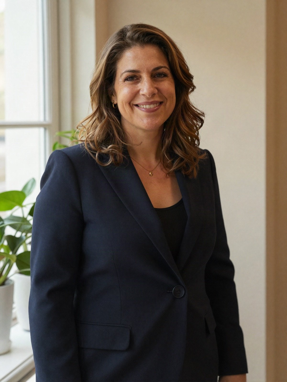 A smiling life coach in a navy blazer standing by a sunny window with plants