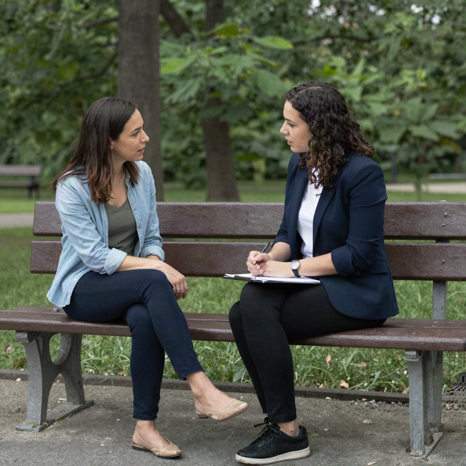 A coach and client talking on a park bench