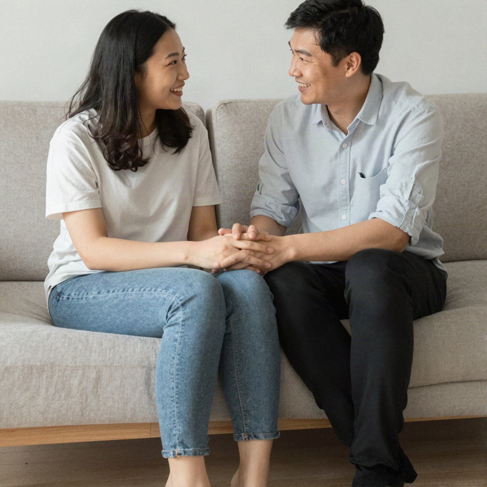 A couple holding hands and talking on a sofa