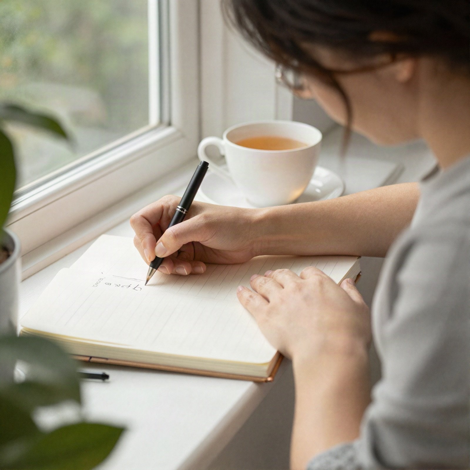 A woman writing in a journal with a cup of tea by the window