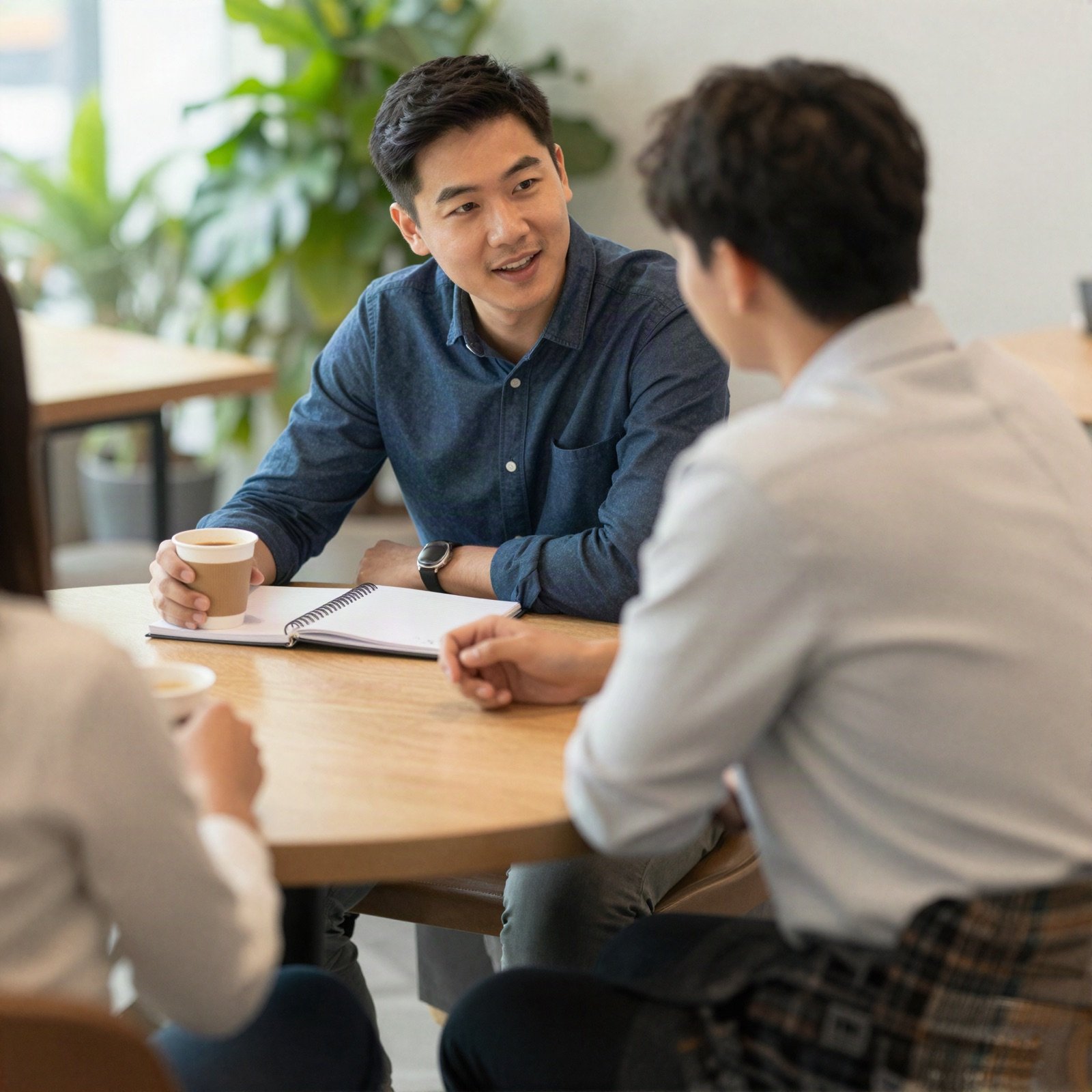 A life coach and clients talking over coffee at a cafe table