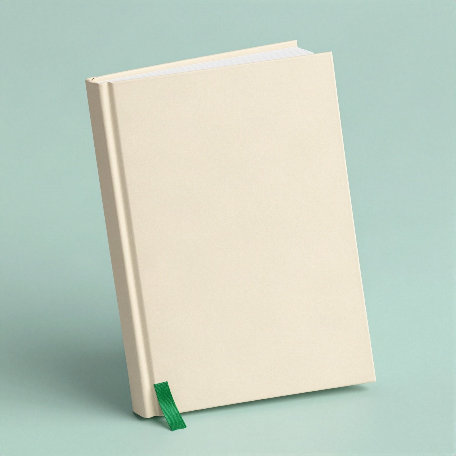 Cream hardcover book with a green ribbon bookmark