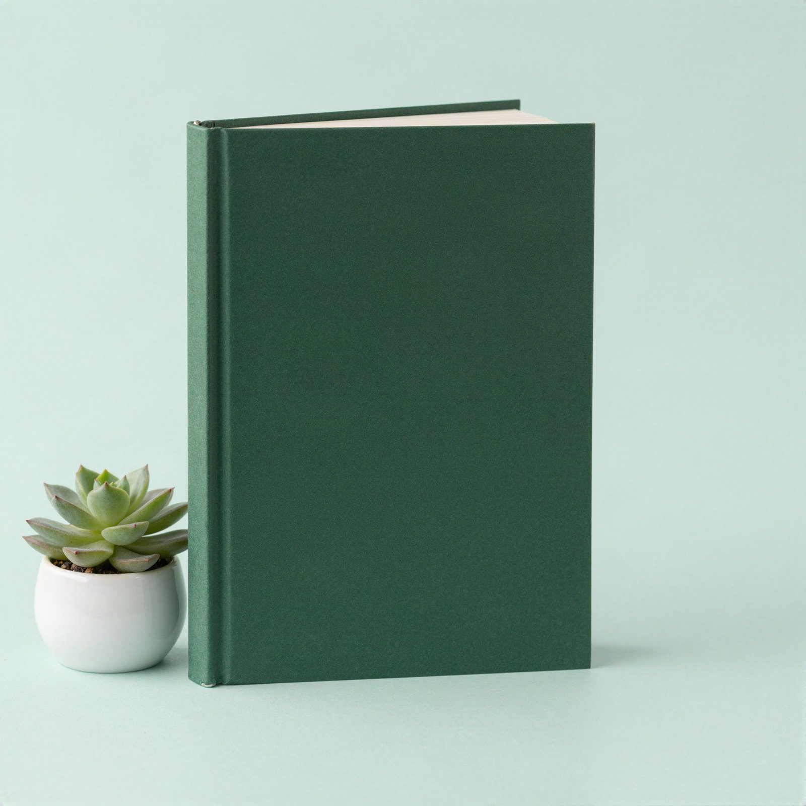 Forest green hardcover book beside a small succulent