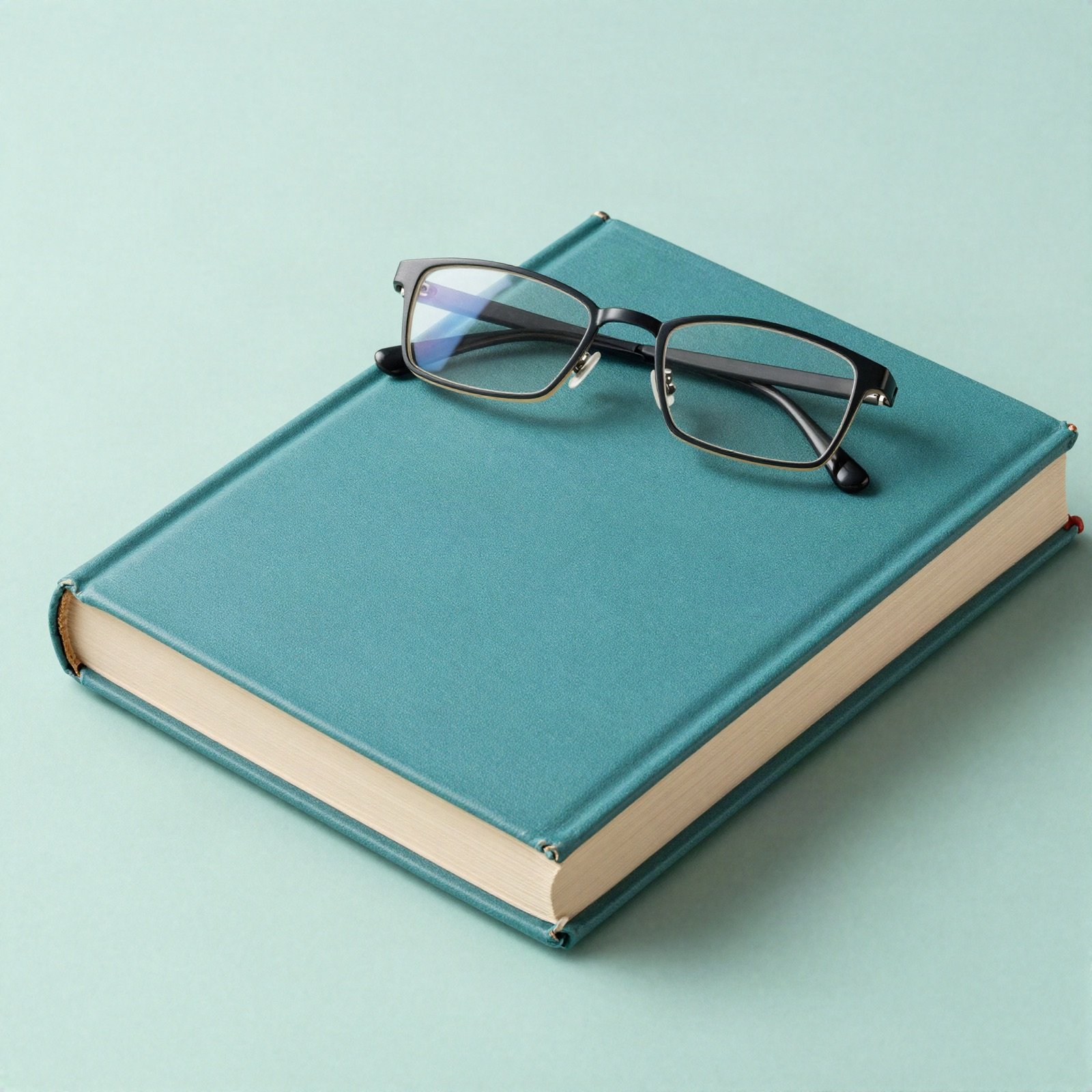 Teal hardcover book with reading glasses on top