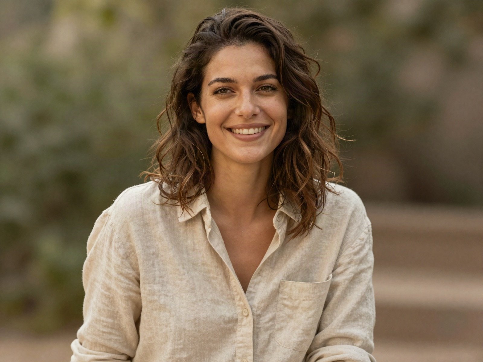 A smiling woman with wavy brown hair in a linen shirt outdoors