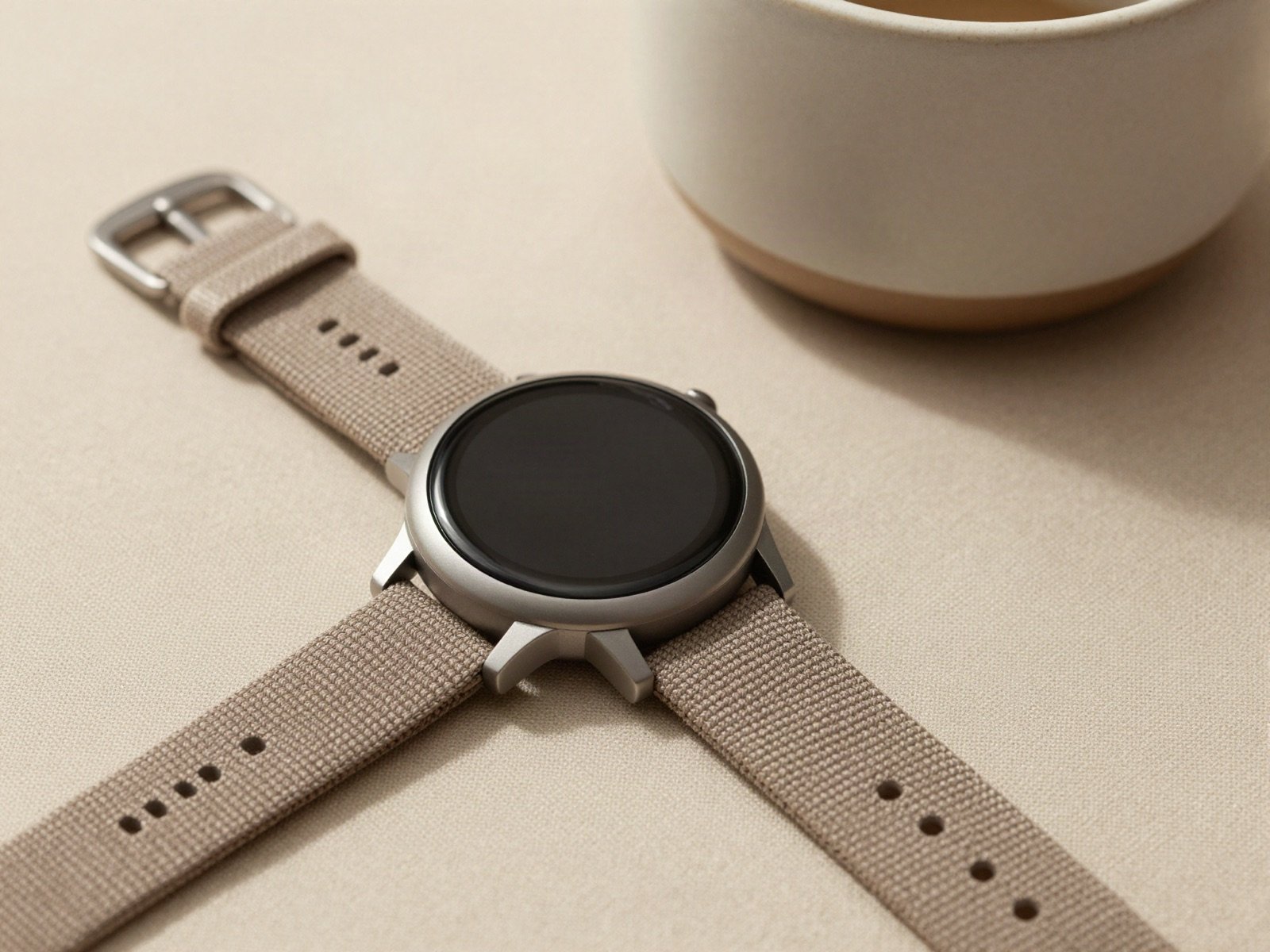 Round fitness watch with a fabric strap beside a ceramic cup