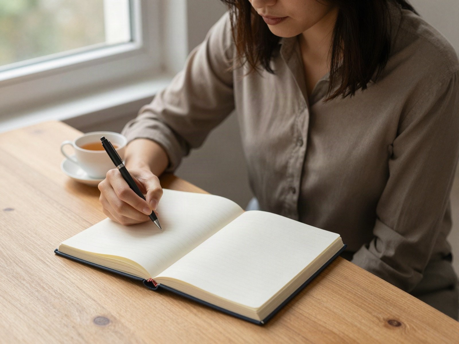 Woman journaling with a cup of tea by a sunny window