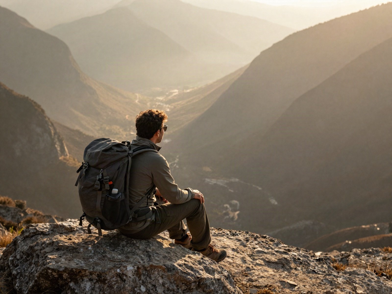 Hiker sitting on a rock above misty mountain valleys at sunrise