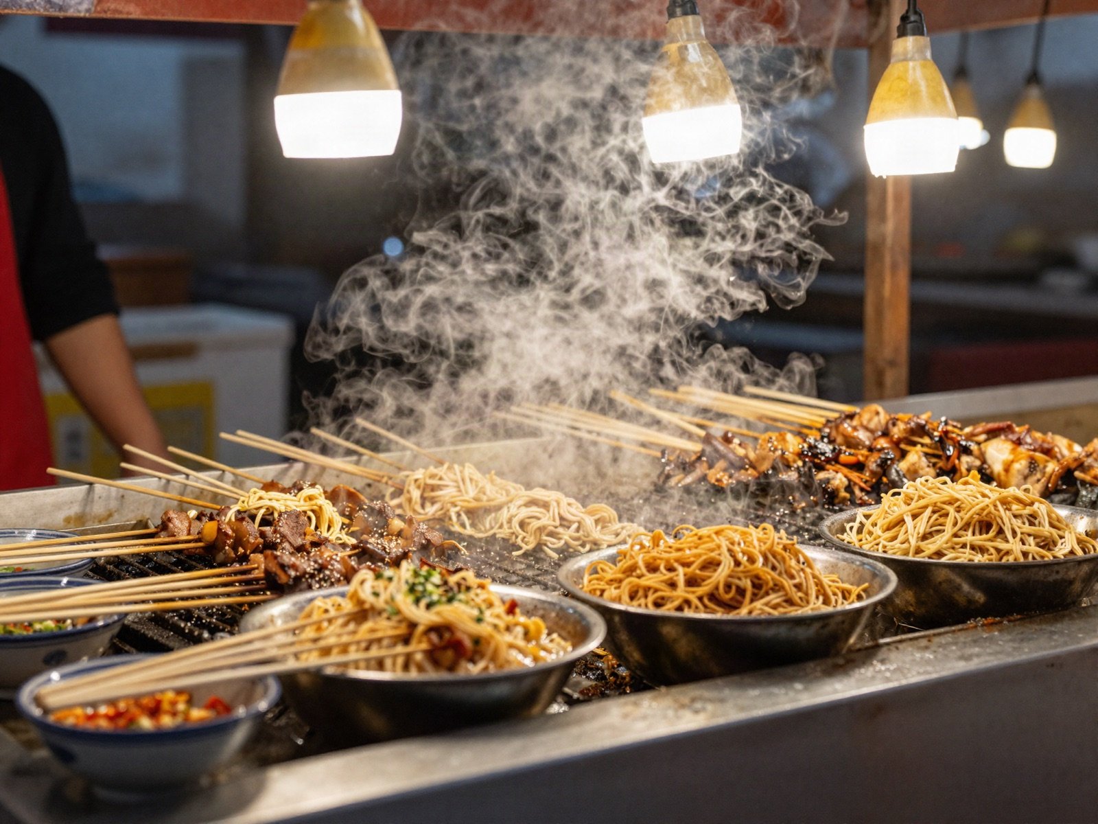 Street food grill with skewers and steaming noodle bowls