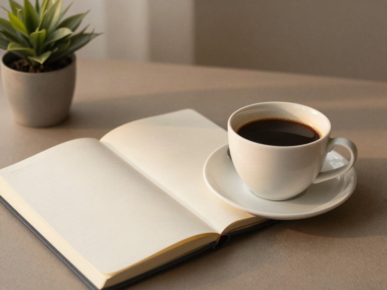 Morning coffee beside an open notebook and a small plant
