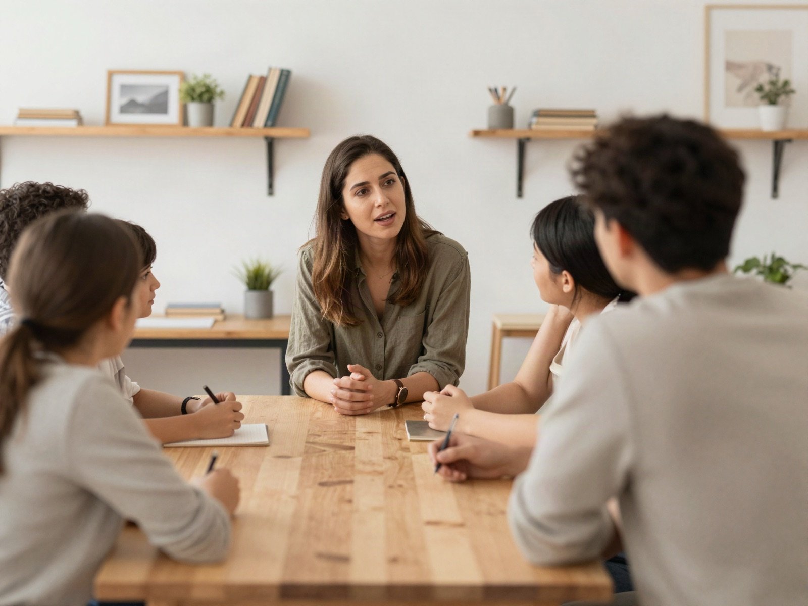 Woman telling a story to a small group around a wooden table