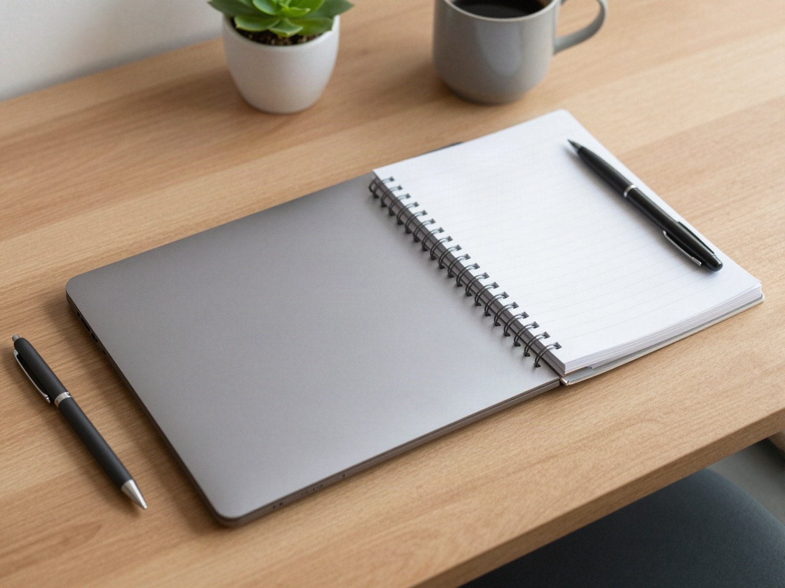 Tidy desk with a closed laptop, notebook, pen and coffee