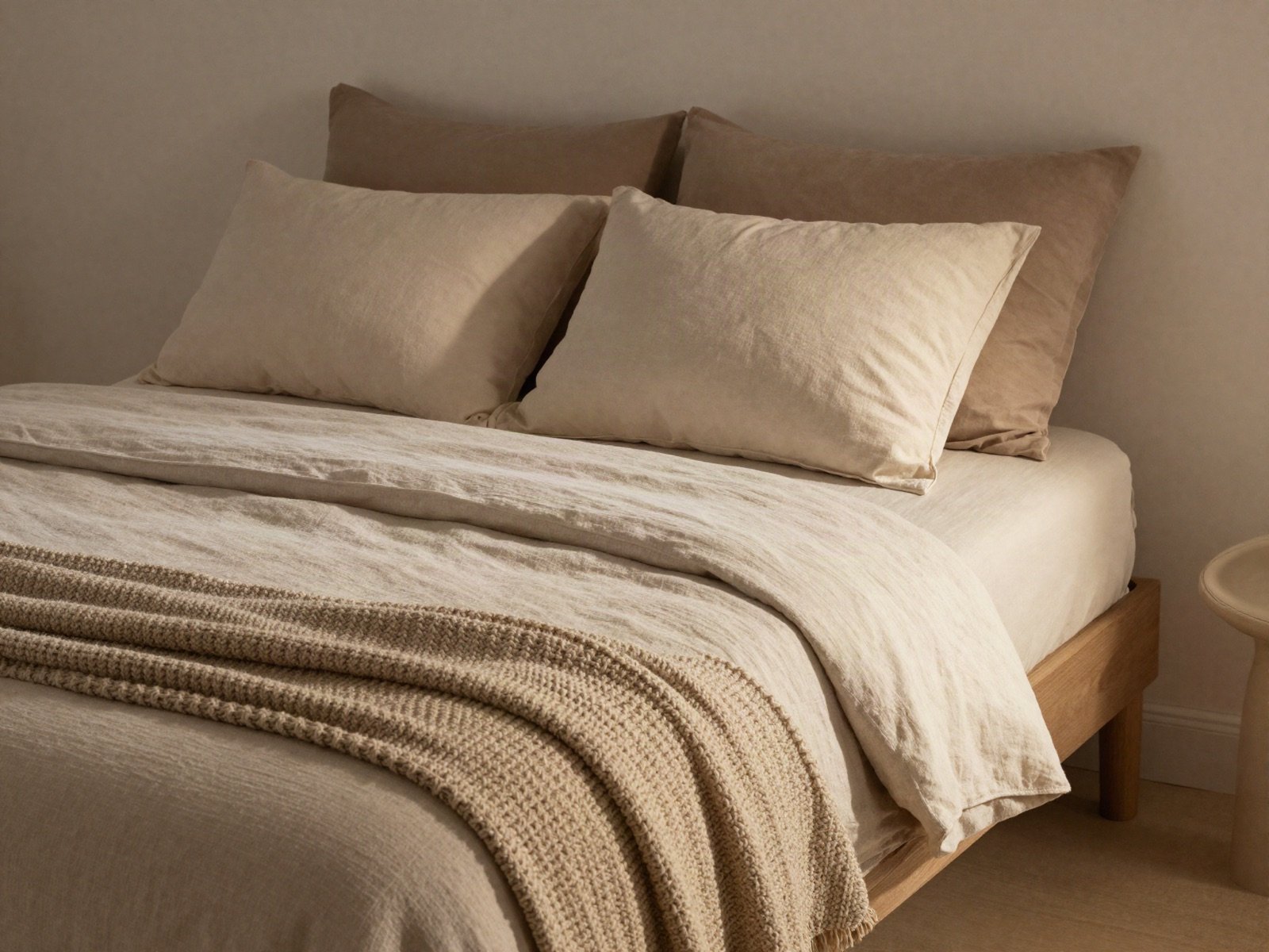 Neatly made bed with linen sheets and a knitted blanket