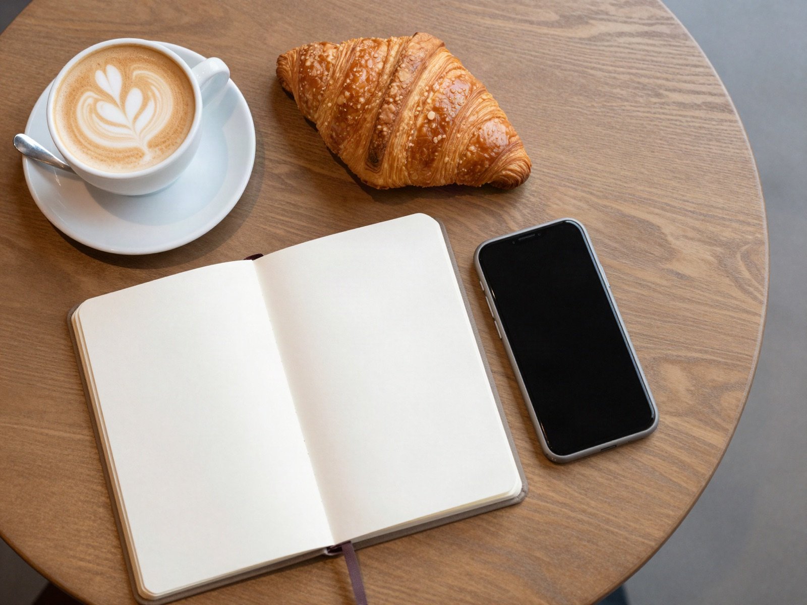 Cafe table with a latte, croissant, notebook and smartphone
