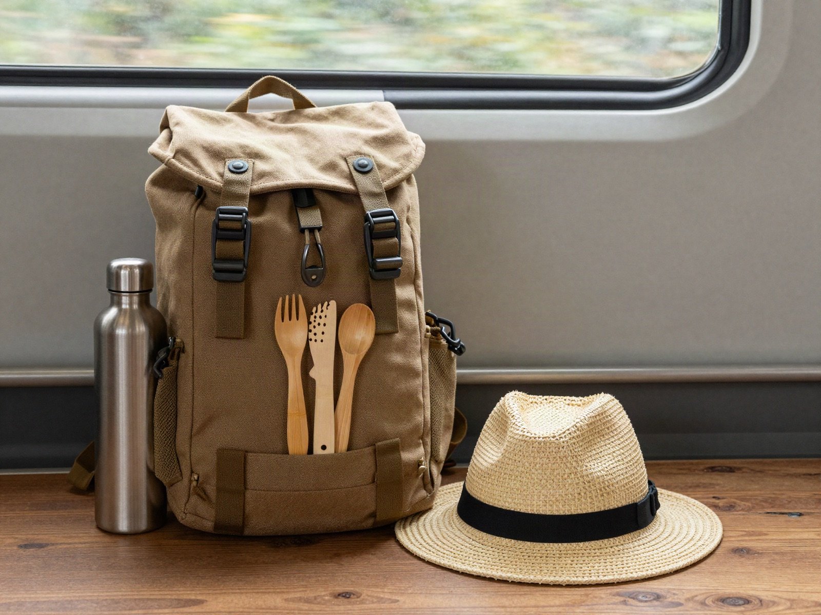 Canvas backpack, reusable bottle, bamboo cutlery and straw hat by a train window