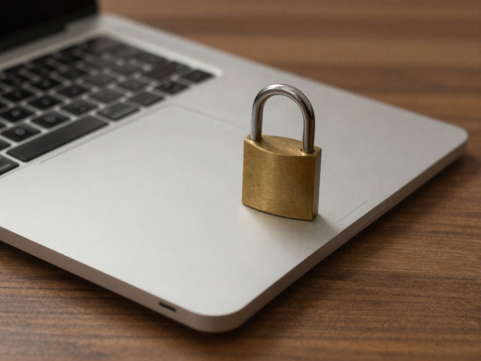 Brass padlock resting on a silver laptop