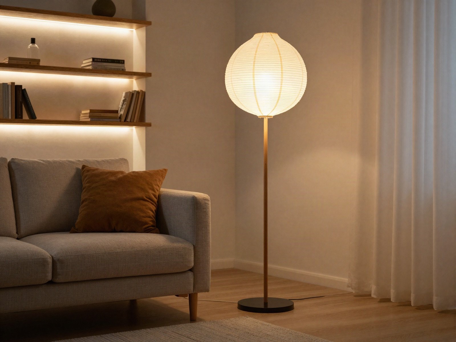 Cosy living room lit by a paper floor lamp and shelf lighting