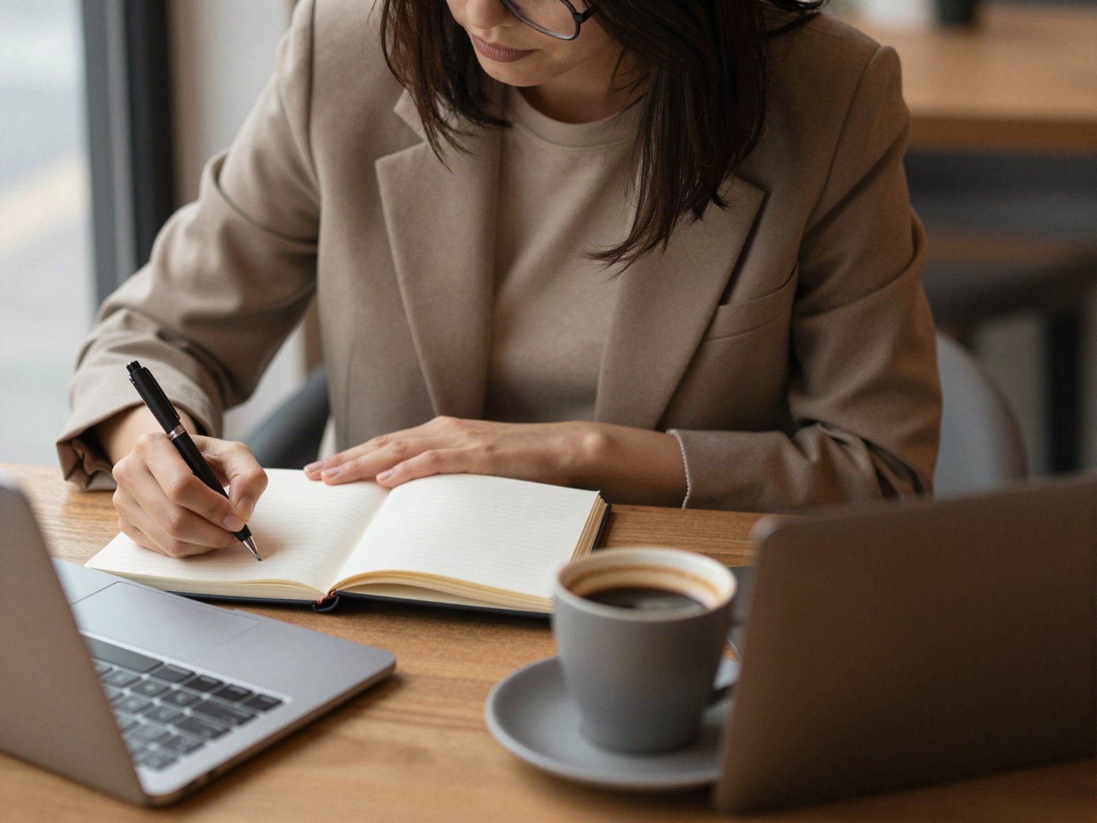 Writer taking notes in a notebook at a cafe table