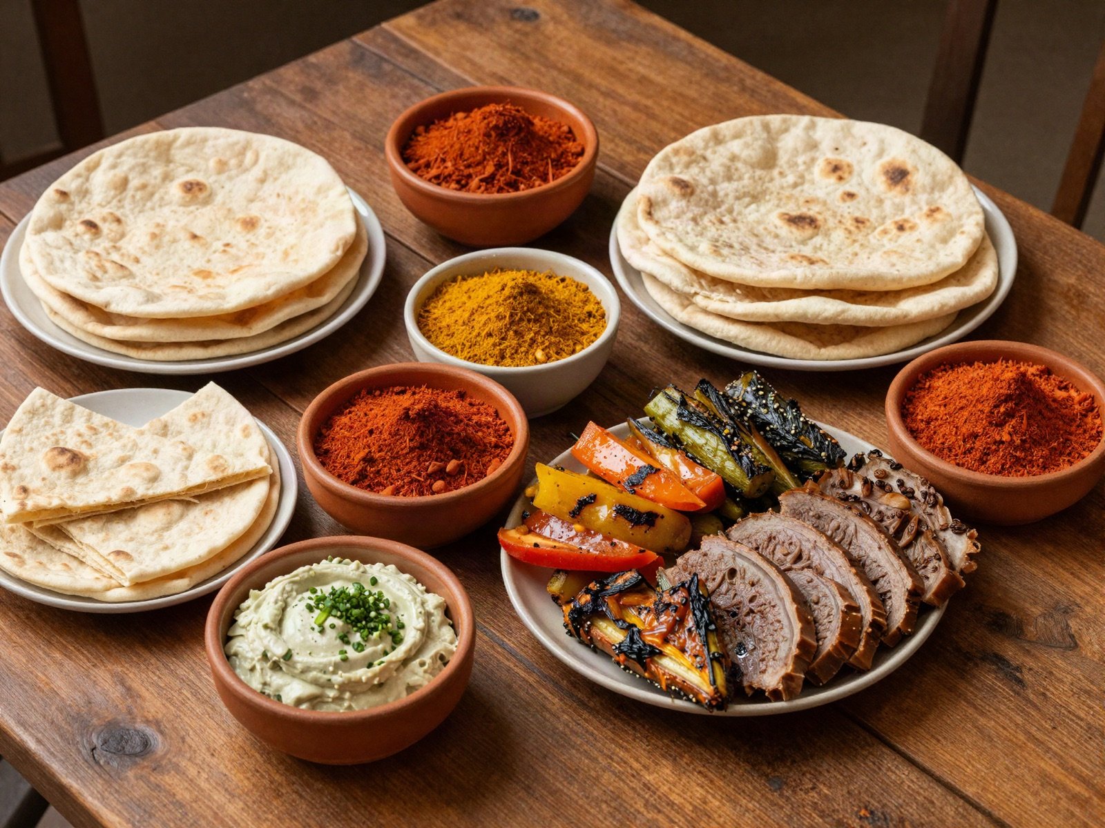 Spread of flatbreads, spices, dips and grilled vegetables