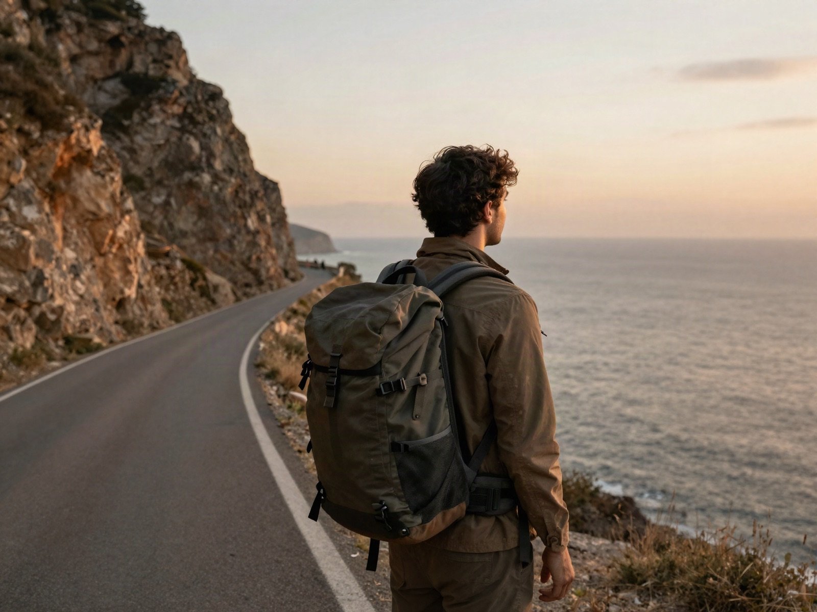Backpacker looking along a coastal road at sunset