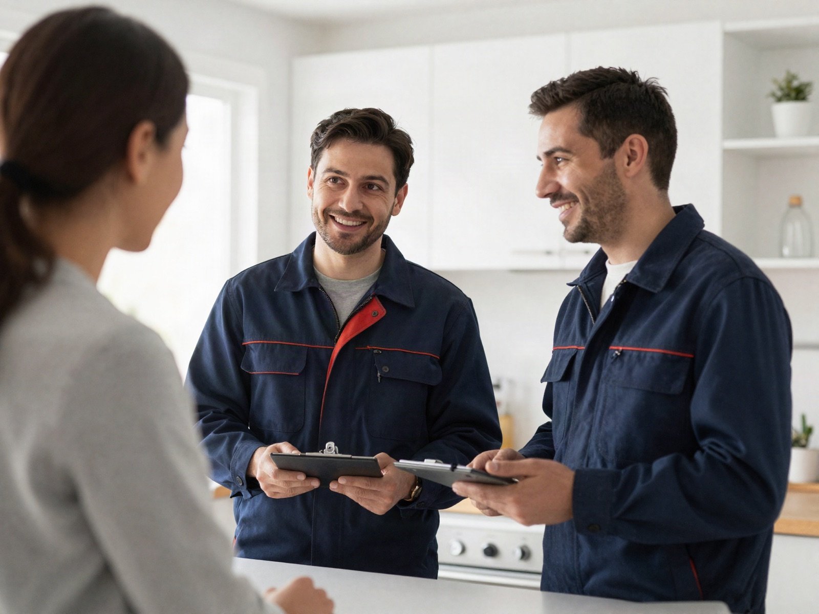 Two plumbers talking with a homeowner in a bright kitchen