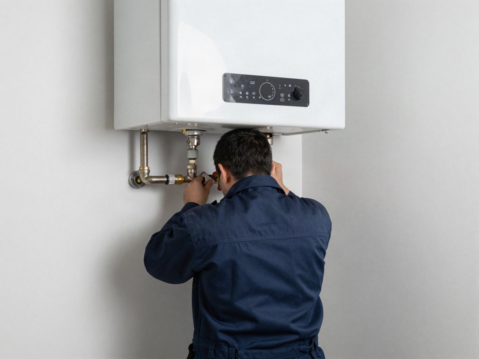 A plumber connecting pipes under a wall-mounted water heater