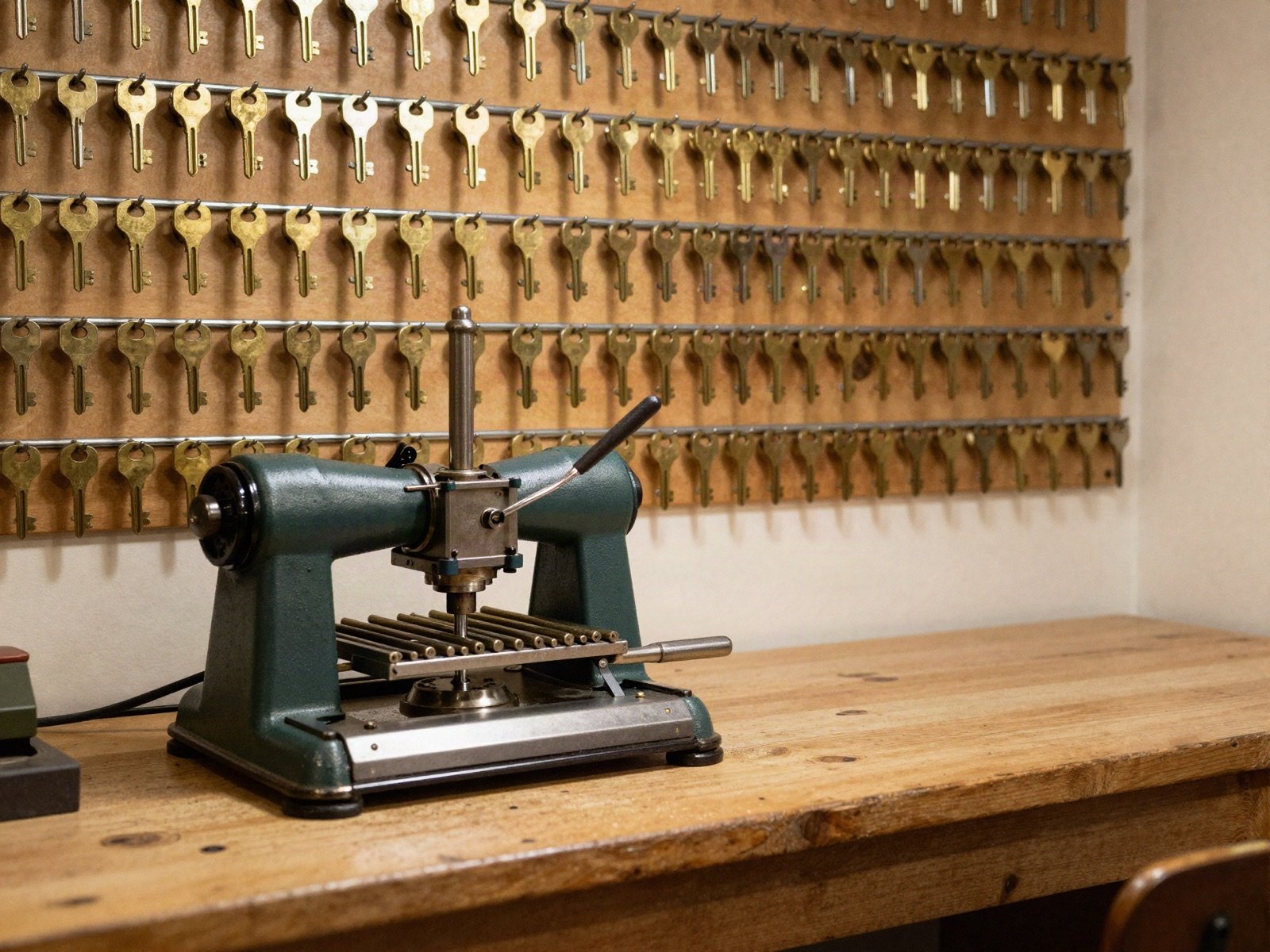 A key cutting machine in front of a wall of blank brass keys